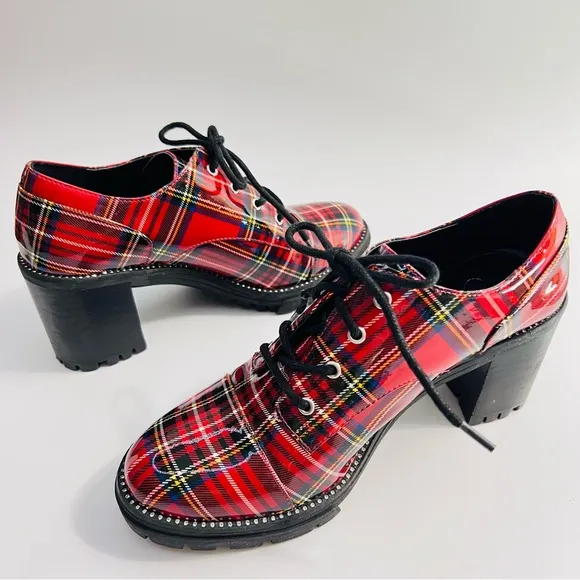 Jessica Simpson Resina Red Plaid Patent Oxford Chunky Heel Lug sole Lace Up Shoe