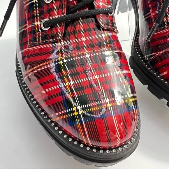 Jessica Simpson Resina Red Plaid Patent Oxford Chunky Heel Lug sole Lace Up Shoe