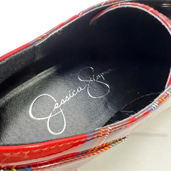 Jessica Simpson Resina Red Plaid Patent Oxford Chunky Heel Lug sole Lace Up Shoe