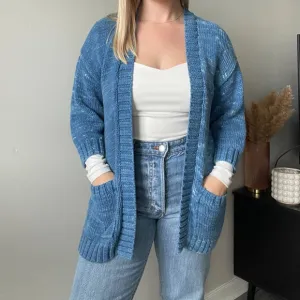 Johnny Was Veggie Dyed Open Front Cardigan Pockets Indigo Blue