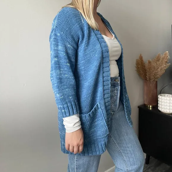 Johnny Was Veggie Dyed Open Front Cardigan Pockets Indigo Blue