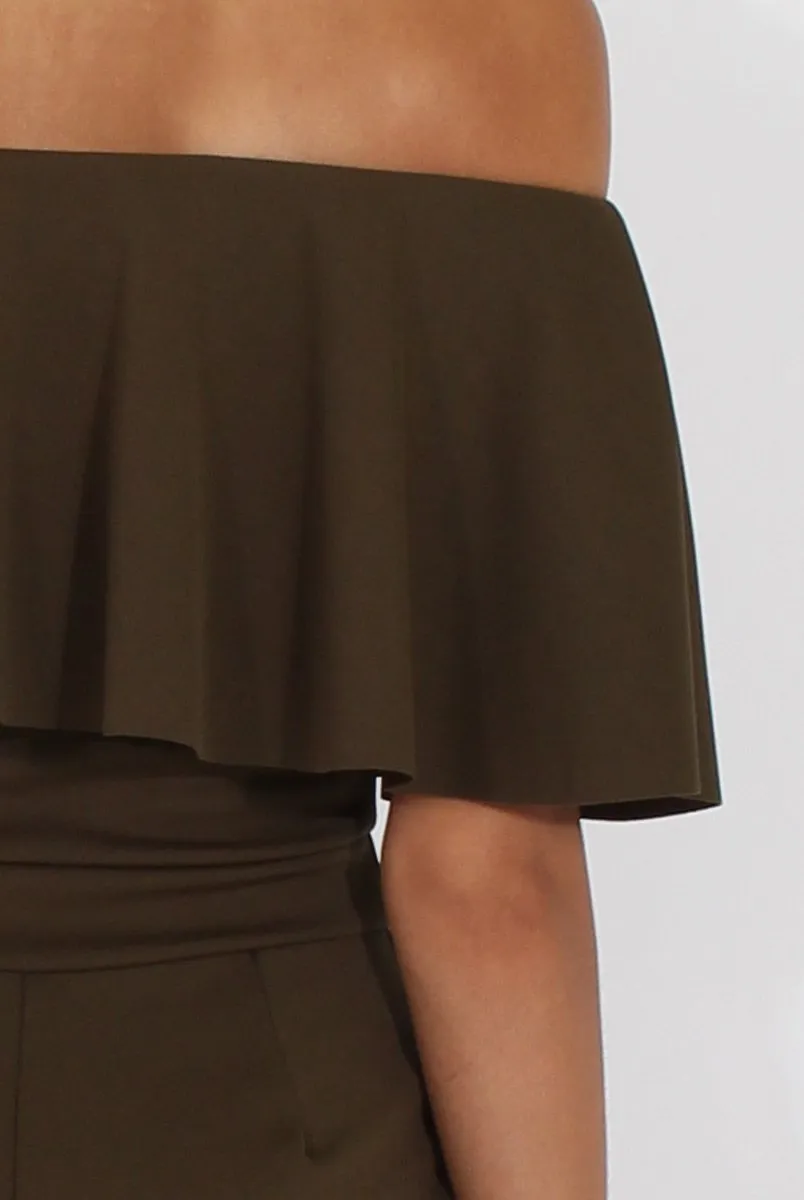 Khaki Bardot Fitted Jumpsuit - Bridget