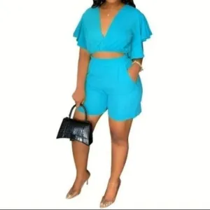 Ladies Flutter Sleeve Crop Top &amp; High Waist Shorts Outfit sz X-large