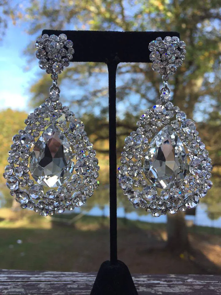 Large Crystal Earrings on Silver | Pageant Chunky Earrings | H202-7