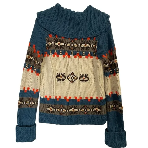 LaRock Vintage Bohemian Hippie Reindeer Beaded  Sweater with Tassels Size S