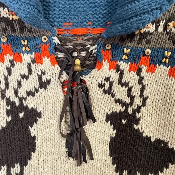 LaRock Vintage Bohemian Hippie Reindeer Beaded  Sweater with Tassels Size S