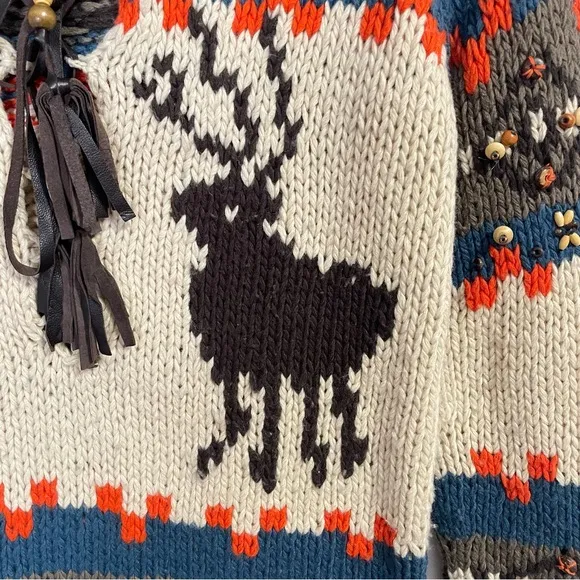 LaRock Vintage Bohemian Hippie Reindeer Beaded  Sweater with Tassels Size S