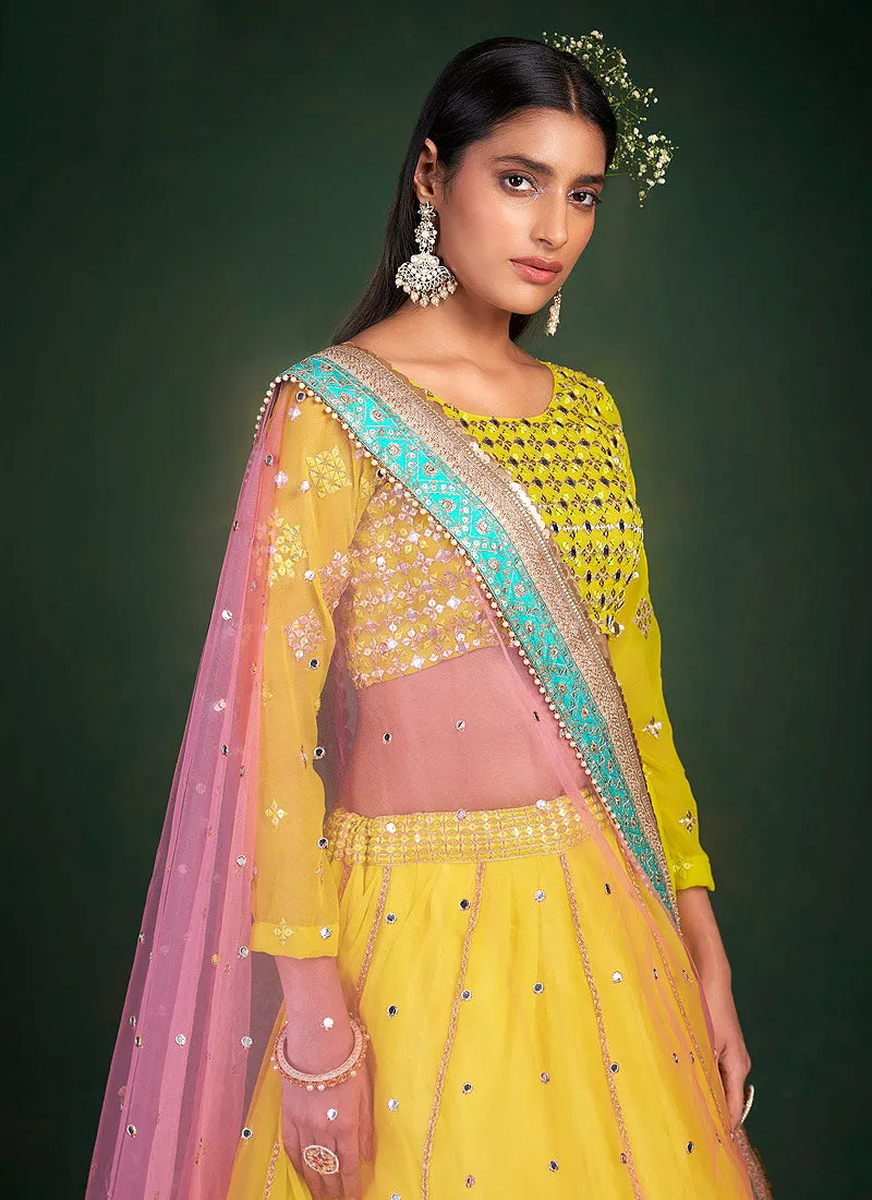 Lemon Yellow Embroidered Stylish Lehenga Choli