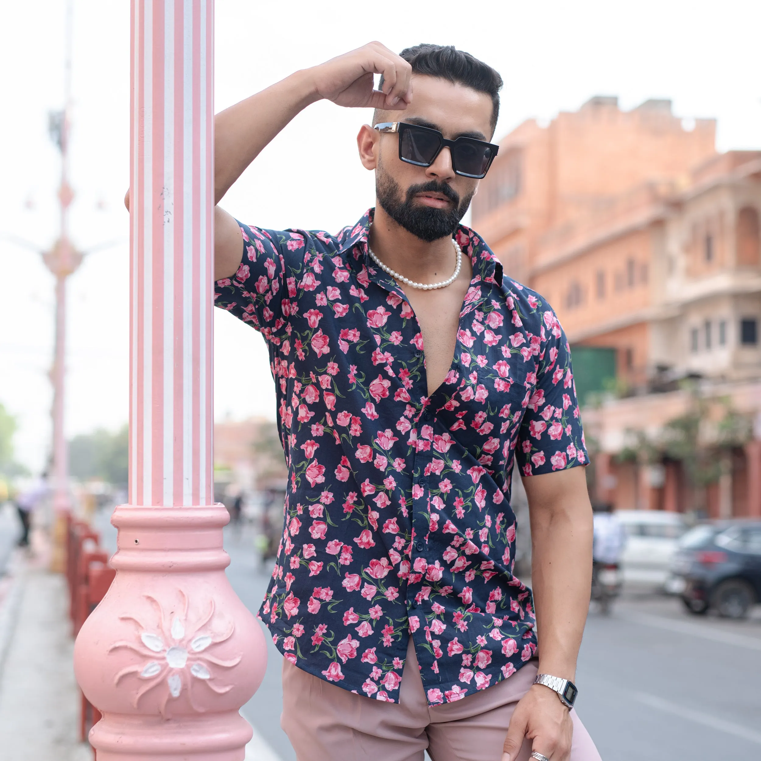 Light Black Floral Half Sleeve Printed shirt