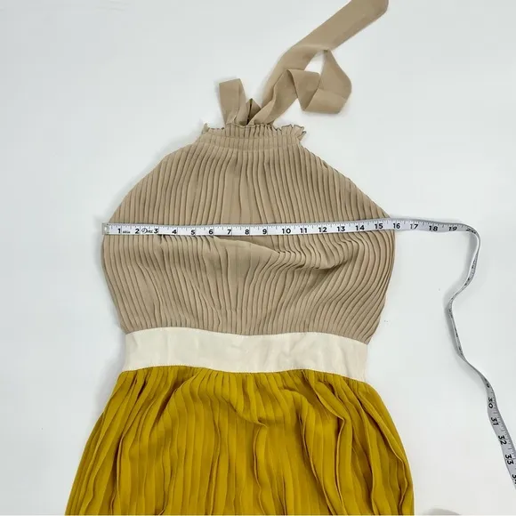LUCY PARIS NWT Pleated Halter Goldie Maxi Dress Backless Gold Yellow Beige Small