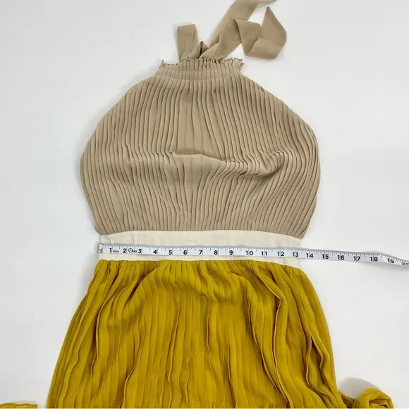 LUCY PARIS NWT Pleated Halter Goldie Maxi Dress Backless Gold Yellow Beige Small