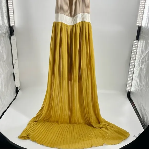 LUCY PARIS NWT Pleated Halter Goldie Maxi Dress Backless Gold Yellow Beige Small