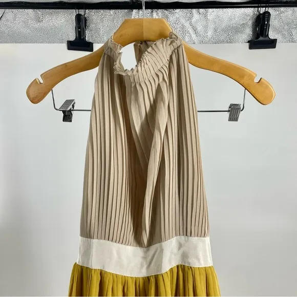 LUCY PARIS NWT Pleated Halter Goldie Maxi Dress Backless Gold Yellow Beige Small