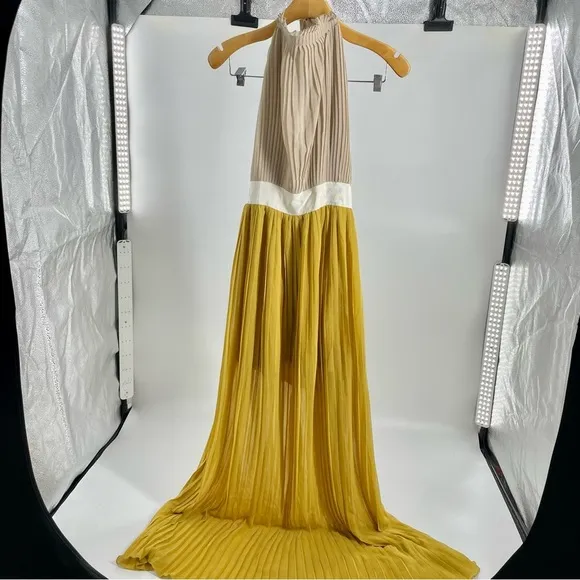 LUCY PARIS NWT Pleated Halter Goldie Maxi Dress Backless Gold Yellow Beige Small