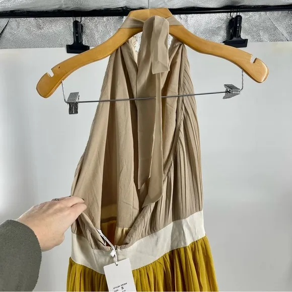 LUCY PARIS NWT Pleated Halter Goldie Maxi Dress Backless Gold Yellow Beige Small