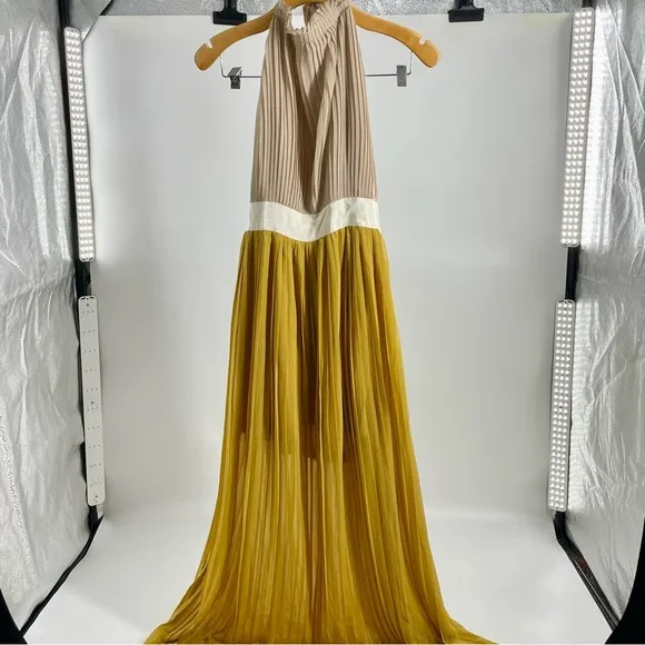 LUCY PARIS NWT Pleated Halter Goldie Maxi Dress Backless Gold Yellow Beige Small