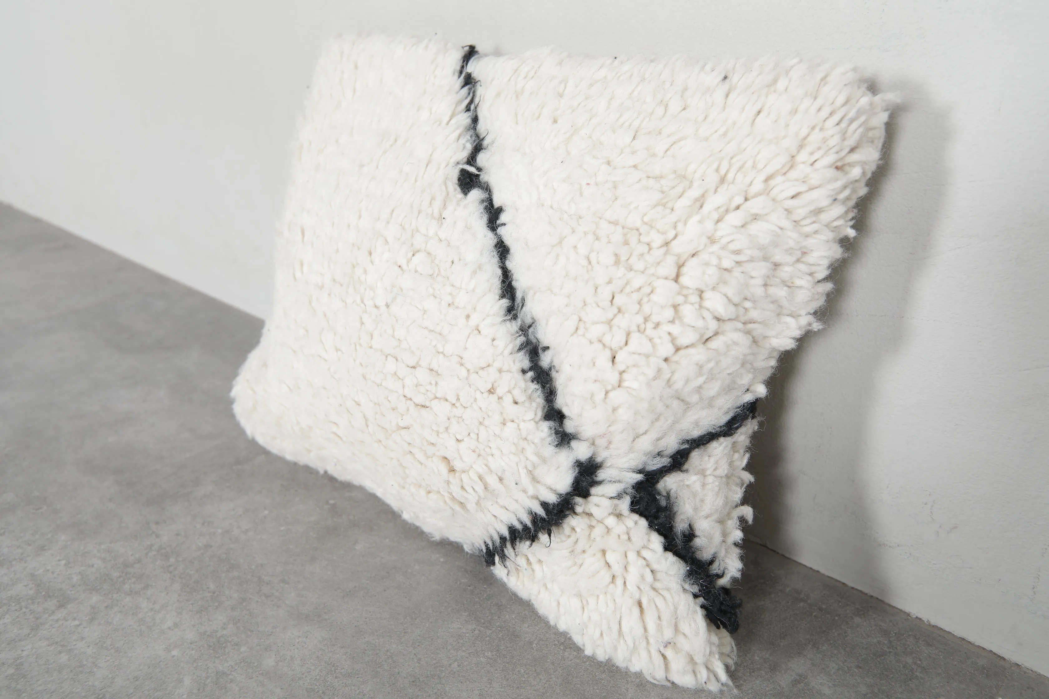 Luxurious Moroccan Wool Pillow in Cream with Black Accent - 16.5 x 22 Inches