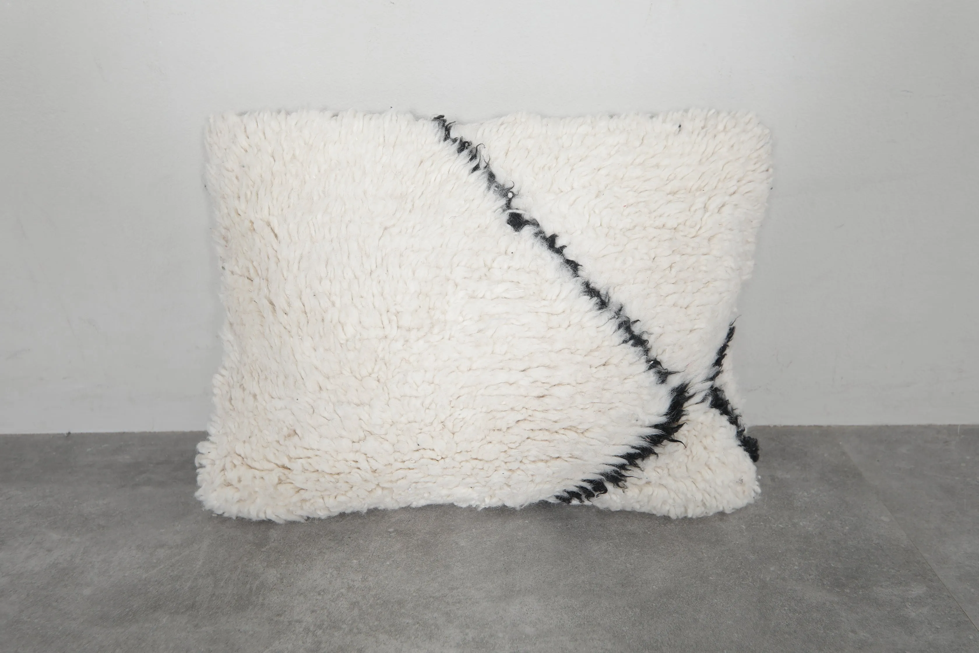 Luxurious Moroccan Wool Pillow in Cream with Black Accent - 16.5 x 22 Inches