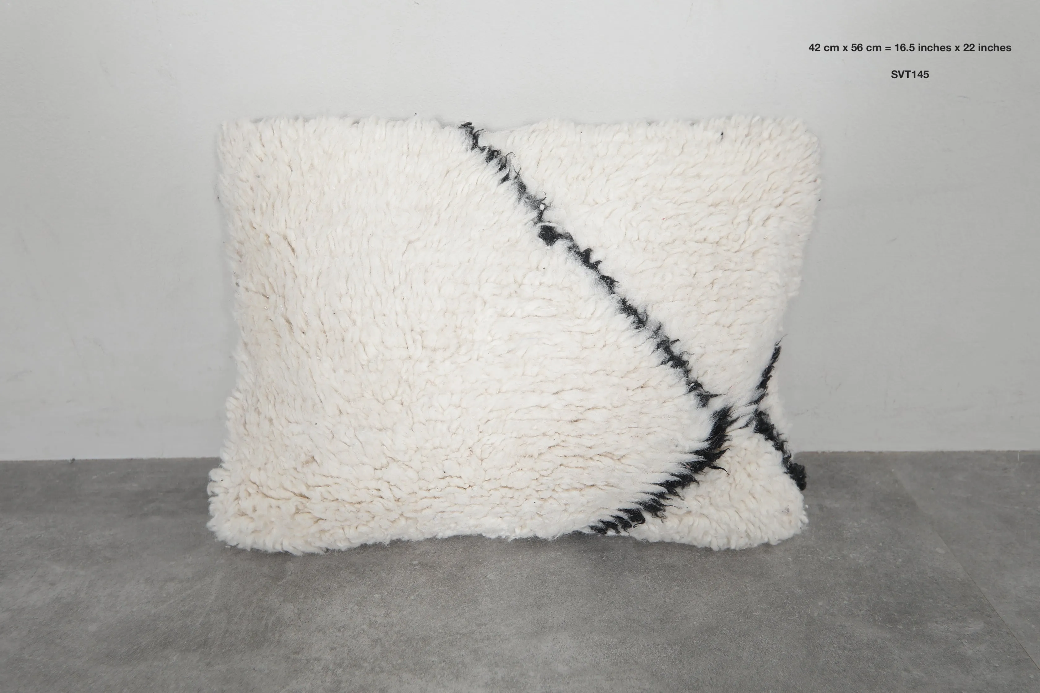 Luxurious Moroccan Wool Pillow in Cream with Black Accent - 16.5 x 22 Inches
