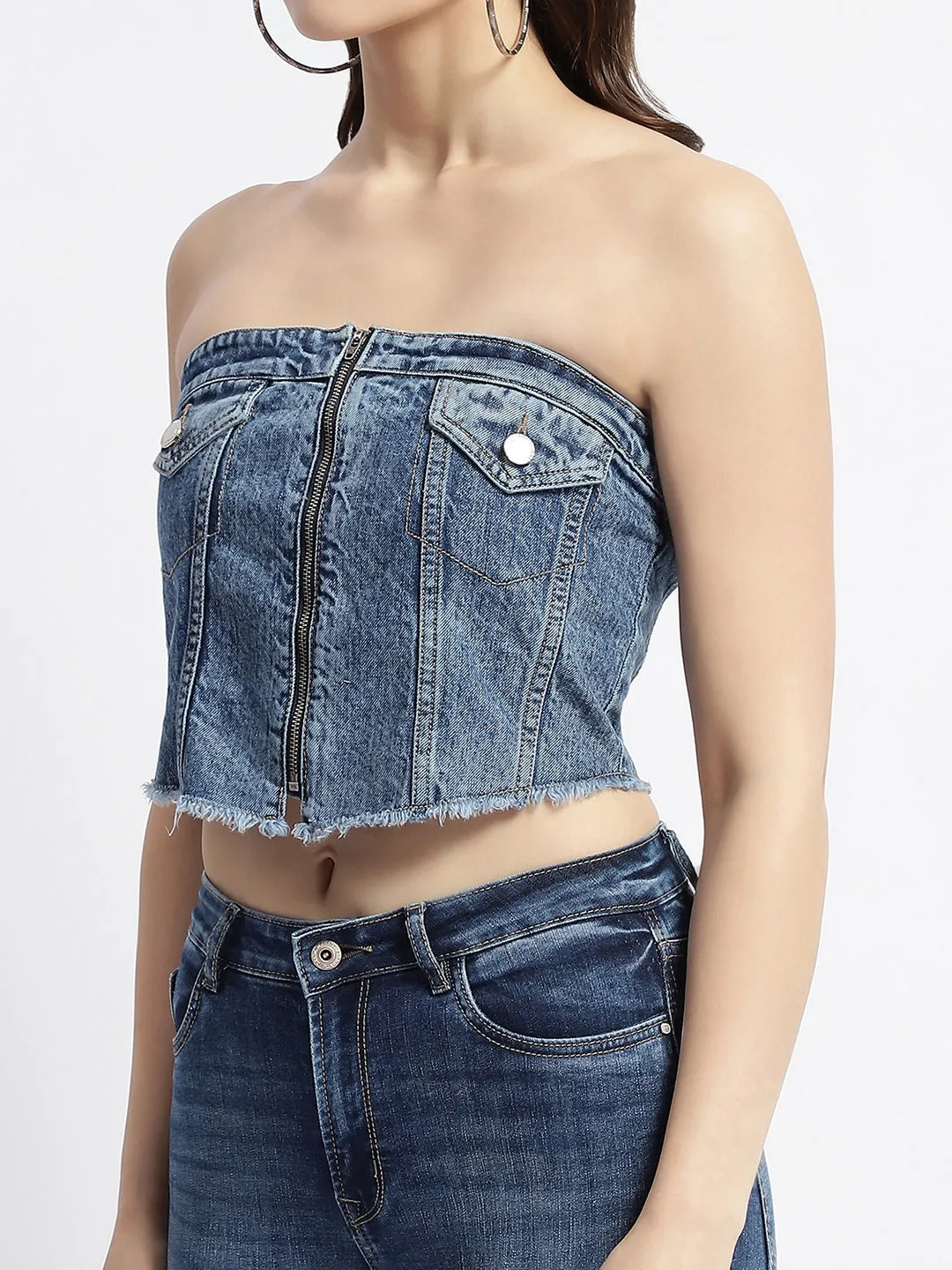 Madame Blue Front Zipper Denim Tube Top