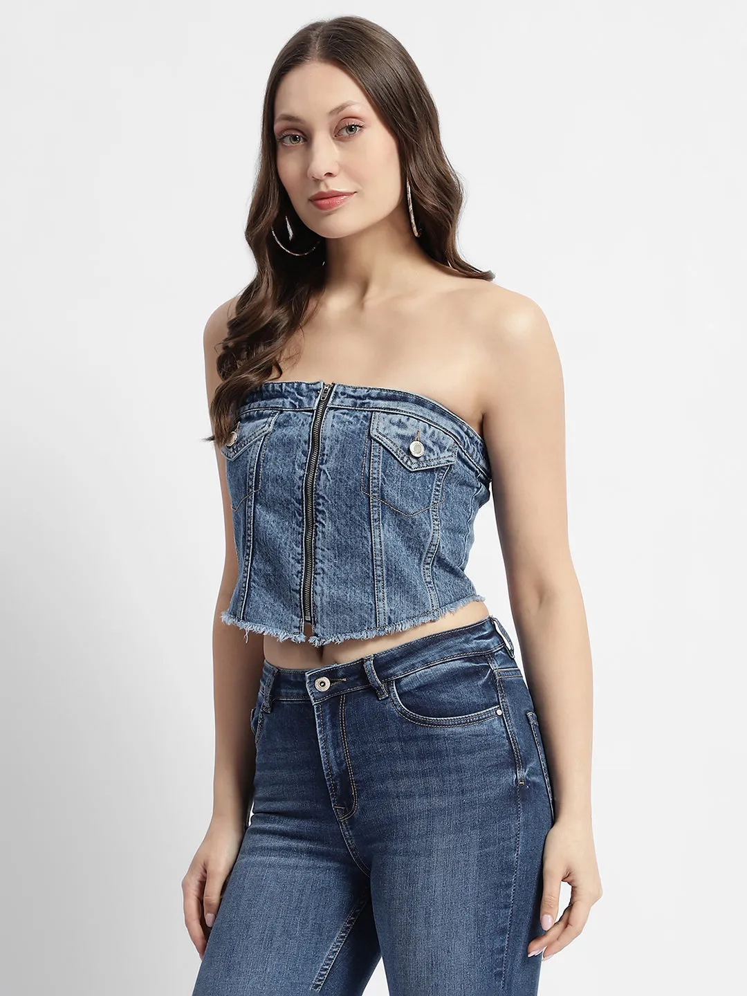 Madame Blue Front Zipper Denim Tube Top