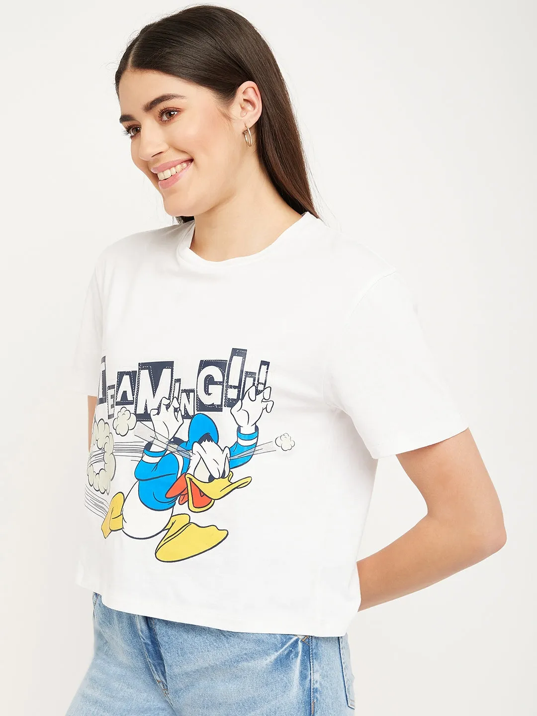 Madame Disney Donald Duck White Printed Top