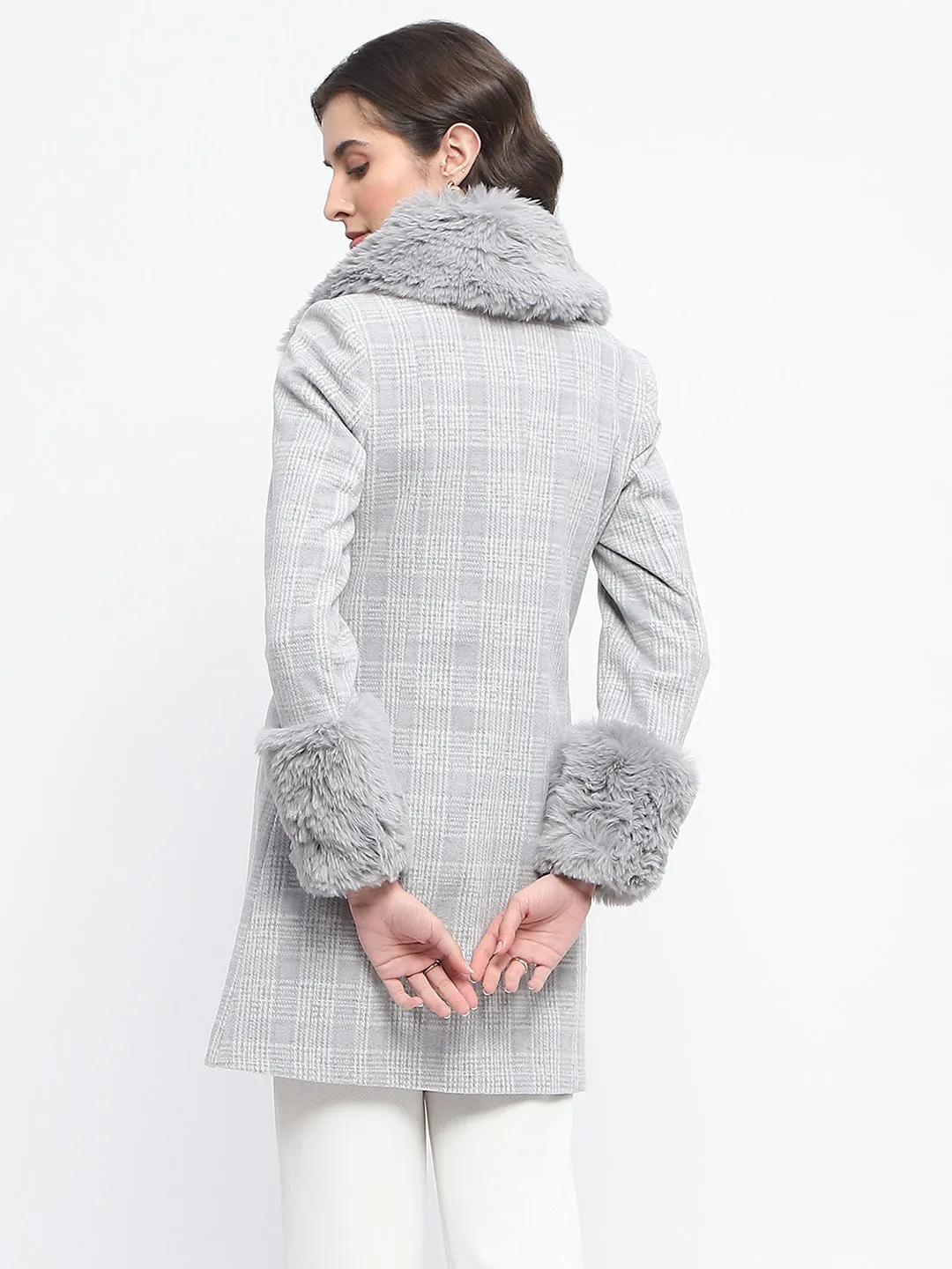 Madame Fur Trimmed Collar Belted Grey Long Coat