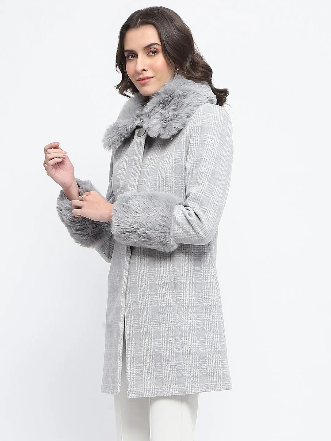 Madame Fur Trimmed Collar Belted Grey Long Coat