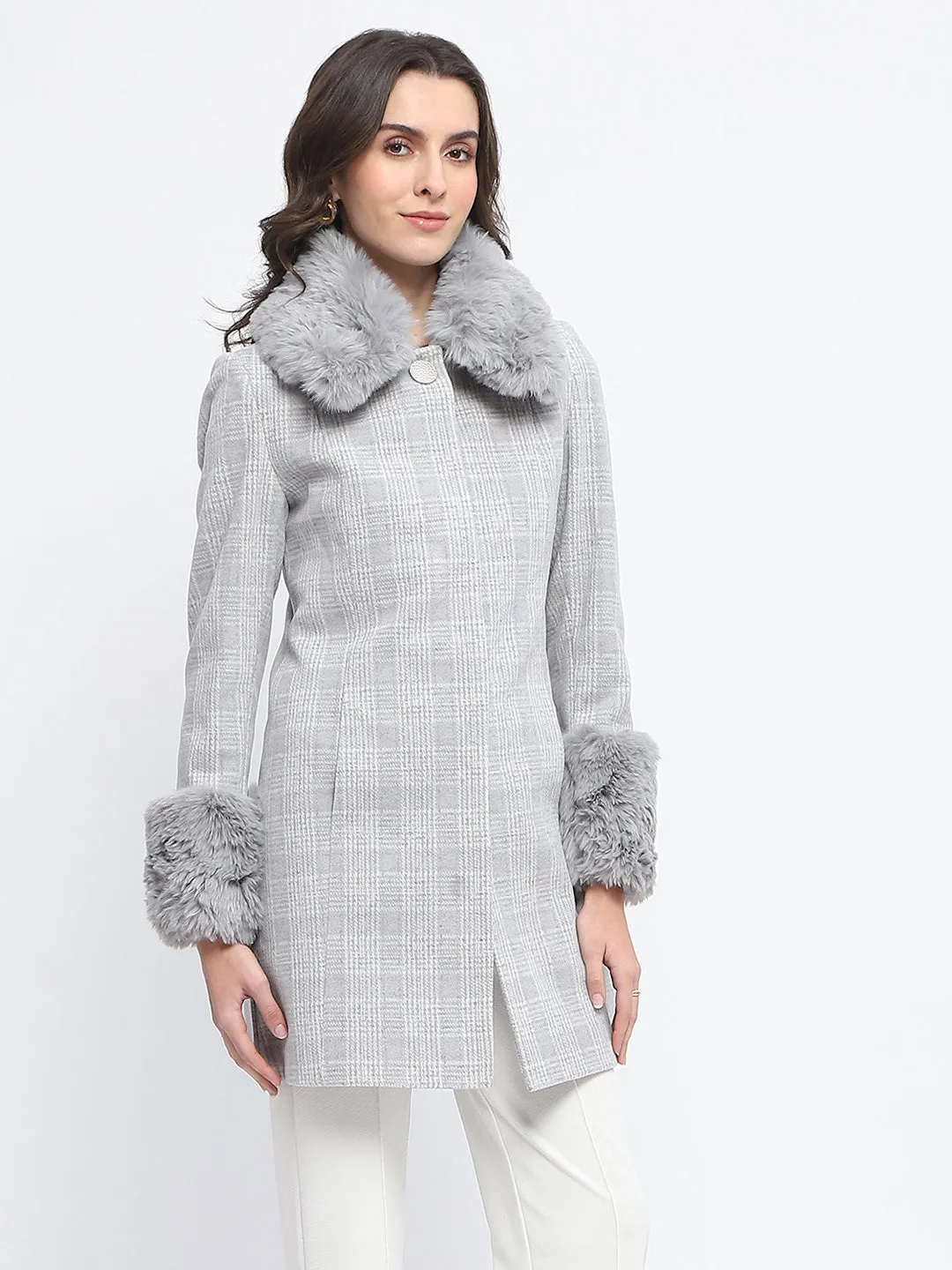Madame Fur Trimmed Collar Belted Grey Long Coat