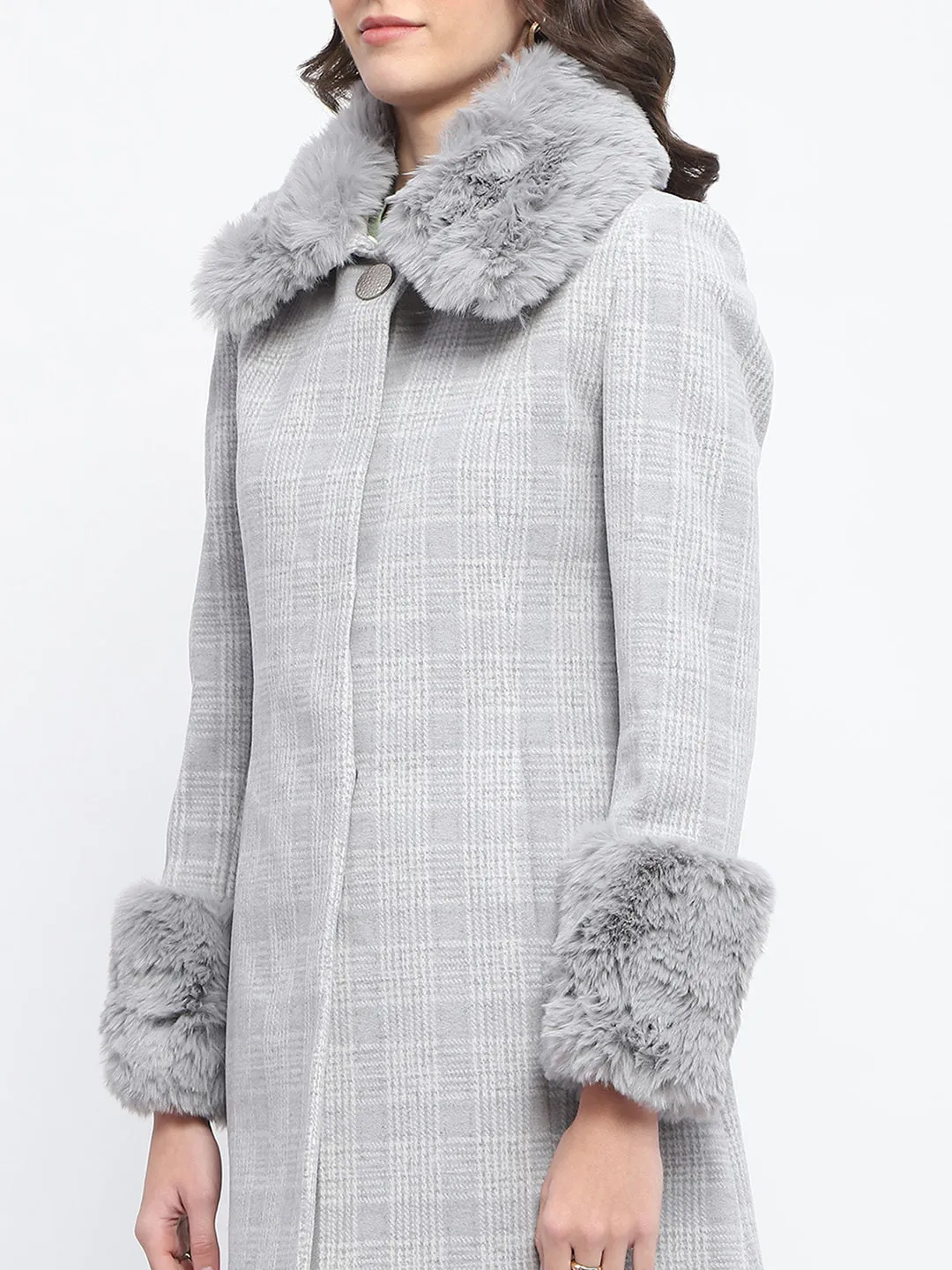 Madame Fur Trimmed Collar Belted Grey Long Coat