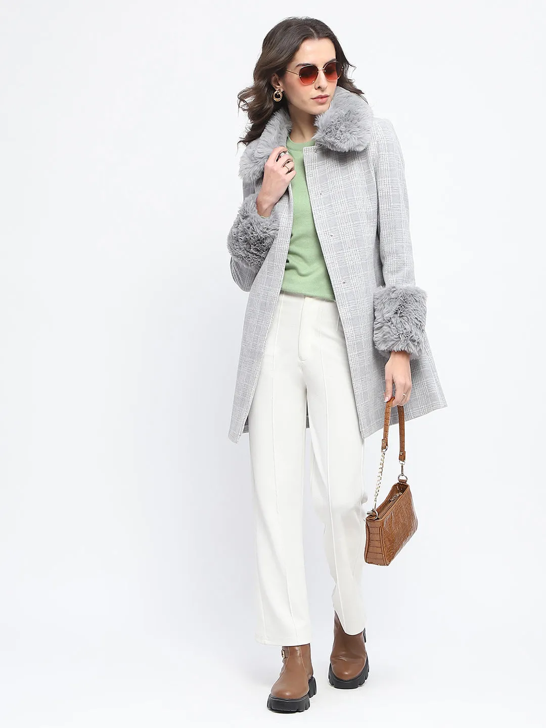 Madame Fur Trimmed Collar Belted Grey Long Coat
