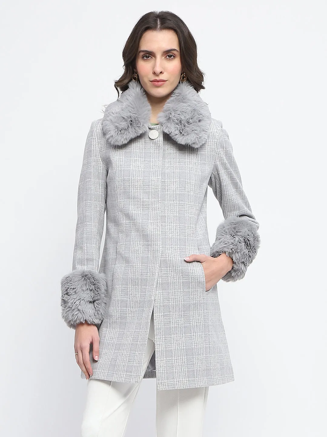 Madame Fur Trimmed Collar Belted Grey Long Coat