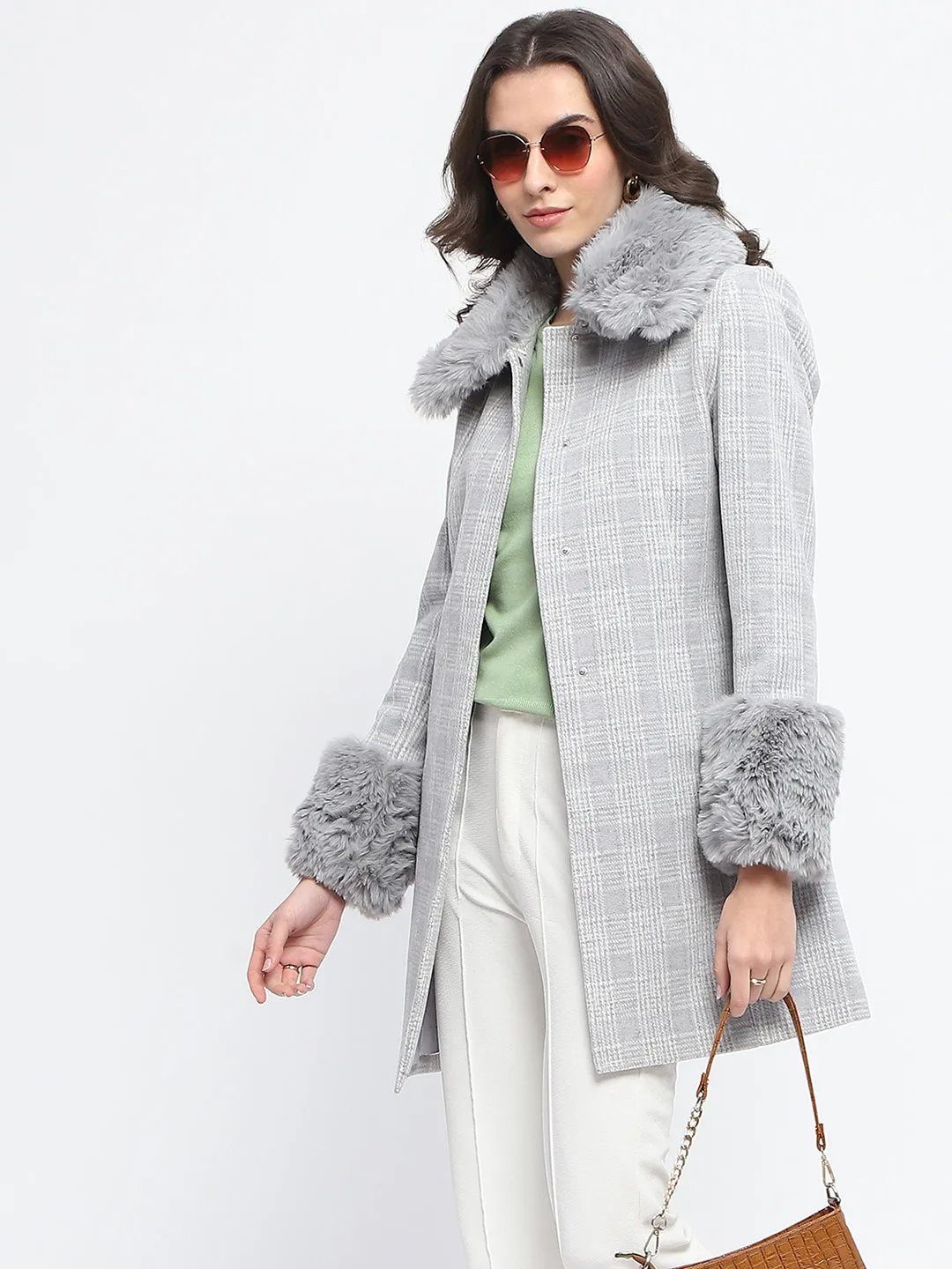 Madame Fur Trimmed Collar Belted Grey Long Coat