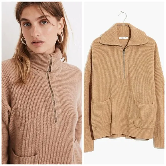 Madewell Merino Wool Blend Glenbrook Half-Zip Pullover Sweater Camel Brown XS