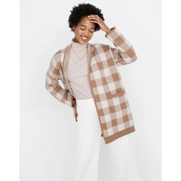 Madewell Minetta Sweater Coat in Buffalo Check Merino Wool | Beige Cream | SZ M