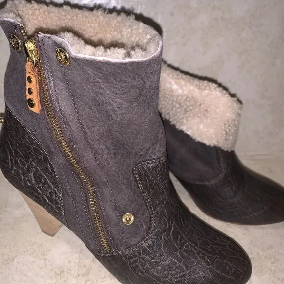 Matt Bernson Minx Brown Fold-over Zipper Booties Faux Fur Women's Size 9.5