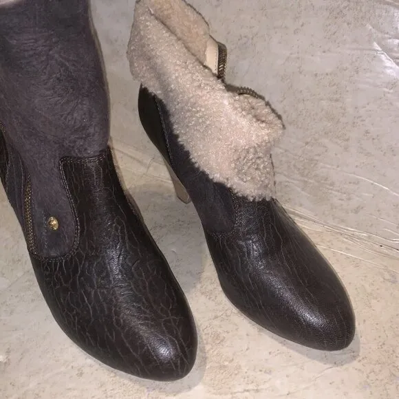 Matt Bernson Minx Brown Fold-over Zipper Booties Faux Fur Women's Size 9.5
