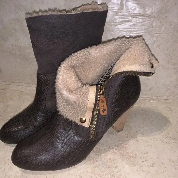 Matt Bernson Minx Brown Fold-over Zipper Booties Faux Fur Women's Size 9.5