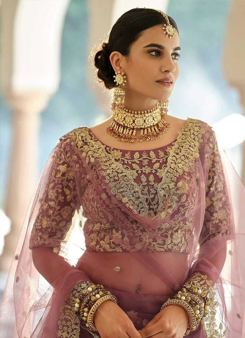 Mauve Heavy Floral Embroidered Stylish Wedding Lehenga
