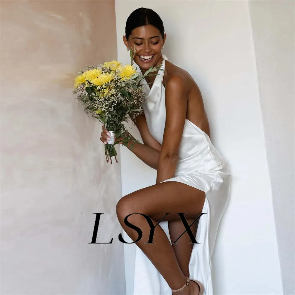 Mermaid Wedding Dress Satin Open Back High Side Slit Floor Length Bridal Gown