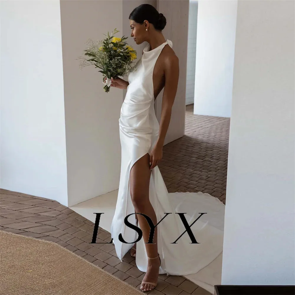 Mermaid Wedding Dress Satin Open Back High Side Slit Floor Length Bridal Gown