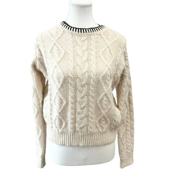 MNG Mango Cable Knit Pullover with Contrasting Trim Wmns Size Medium Wool Blend