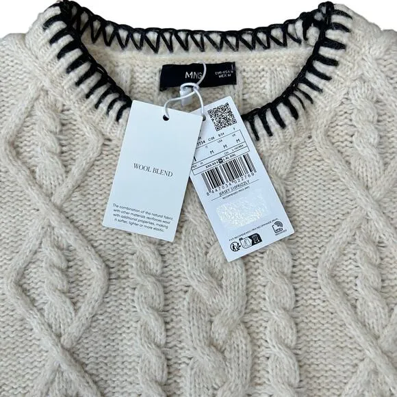 MNG Mango Cable Knit Pullover with Contrasting Trim Wmns Size Medium Wool Blend