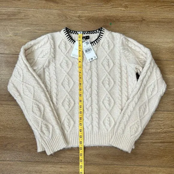 MNG Mango Cable Knit Pullover with Contrasting Trim Wmns Size Medium Wool Blend