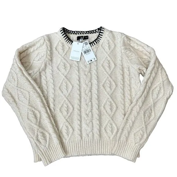 MNG Mango Cable Knit Pullover with Contrasting Trim Wmns Size Medium Wool Blend