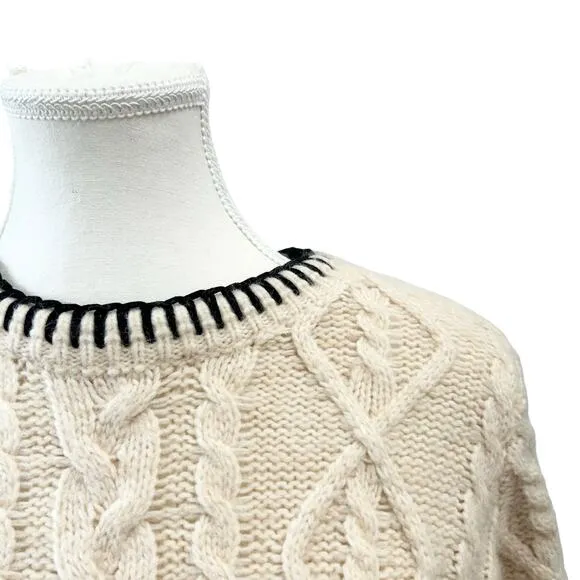 MNG Mango Cable Knit Pullover with Contrasting Trim Wmns Size Medium Wool Blend