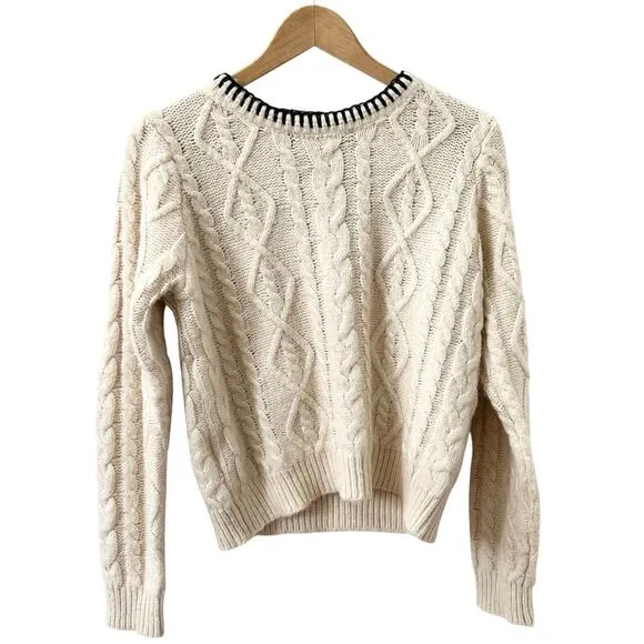 MNG Mango Cable Knit Pullover with Contrasting Trim Wmns Size Medium Wool Blend