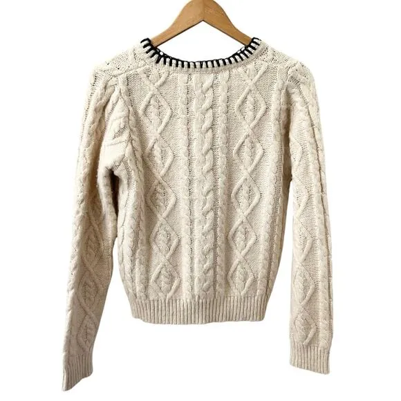 MNG Mango Cable Knit Pullover with Contrasting Trim Wmns Size Medium Wool Blend