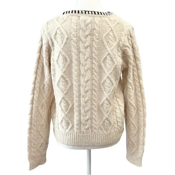 MNG Mango Cable Knit Pullover with Contrasting Trim Wmns Size Medium Wool Blend