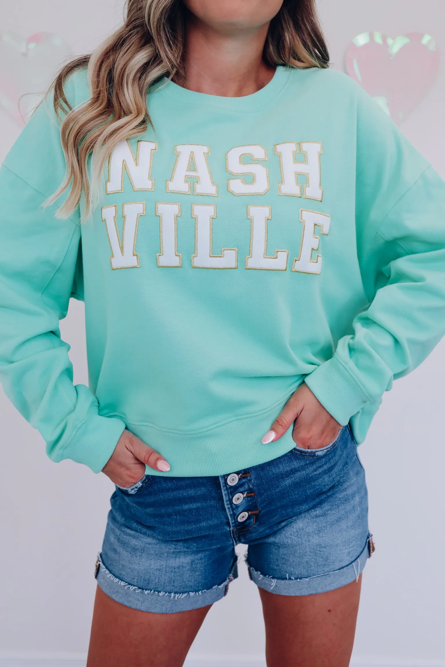 Nashville Embroidered Patch Graphic Sweatshirt - Aqua